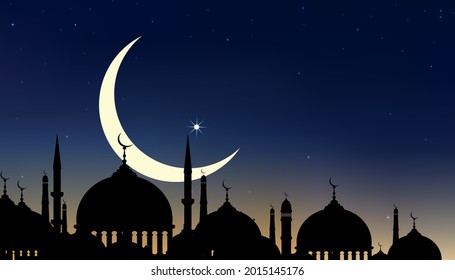 Eid al Adha Mubarak card with Silhouette Dome Mosques at dark night with crescent moon and star sky,Vector banner background for Islamic religions ,Eid al fitr, Happy muharram, Islamic new year Happy 