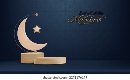 Eid Al Adha Mubarak Card with Crescent Moon and Star on Blue Background with Arabic pattern,Vector 3d Display Islamic ornament of Muslim Religion Symbolic for Eid al fitr,Eid Mubarak,Ramada Kareem