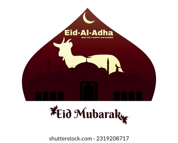 Eid al adha Mubarak card festival luxury vector illustration Ornamental Background design with moon, Ornaments, mosque, camel, cow, goat and sheep premium vector design
