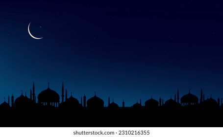 Eid al Adha Mubarak card,Mosques dome,Crescent Moon on Blue Twilight Sky in Evening,Horizon banner Ramadan Night with twilight dusk sky for Islamic religion,Eid Mubarak,Eid al fitr,Ramadan Kareem