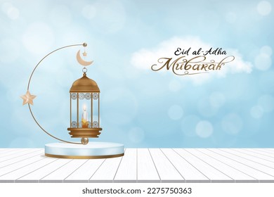 Eid al Adha Mubarak card,Traditional Islamic lantern,Crescent Moon,3D podium on wood table over Blue sky Background.Vector Religion of Muslim Symbolic for Eid al fitr, Ramadan Kareem,Eid Mubarak