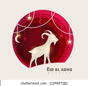 Eid Al Adha Mubarak the celebration of Muslim community festival background design with goat and star paper cut style.Vector Illustration