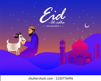 Eid Al Adha Mubarak celebration background with mosque on night view landscape with illustration of man and goat for celebration Festival of Sacrifice.