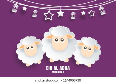 Eid Al Adha Mubarak celebration card with sheep in paper art purple background. Use for banner, poster, flyer, brochure sale template.