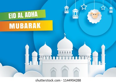 Eid Al Adha Mubarak celebration card with mosque and sheep in paper art blue background. Use for banner, poster, flyer, brochure sale template.