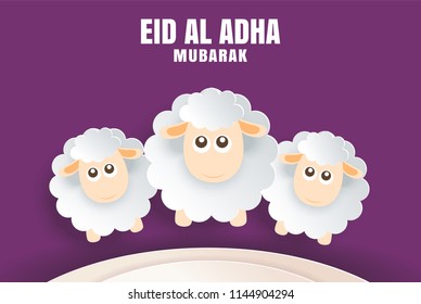 Eid Al Adha Mubarak celebration card with sheep in paper art purple background. Use for banner, poster, flyer, brochure sale template. Eid Al Adha Mubarak celebration card with sheep in paper art purple background. Use for banner, poster, flyer, brochure sale template.