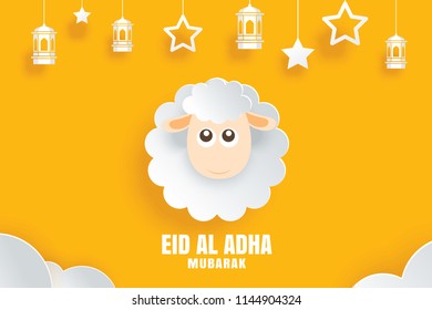 Eid Al Adha Mubarak celebration card with sheep in paper art yellow background. Use for banner, poster, flyer, brochure sale template.