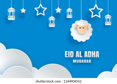 Eid Al Adha Mubarak celebration card with sheep in paper art blue background. Use for banner, poster, flyer, brochure sale template.