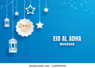 Eid Al Adha Mubarak celebration card with paper art sheep hanging on blue background. Use for banner, poster, flyer, brochure sale template.