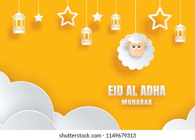 Eid Al Adha Mubarak celebration card with sheep in paper art yellow background. Use for banner, poster, flyer, brochure sale template.