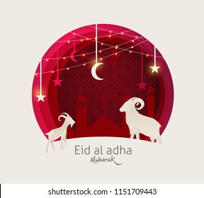 Eid Al Adha Mubarak the celebration of Muslim community festival background design with sheep and goat paper cut style.Glowing lights Vector Illustration - Shutterstock ID 1151709443