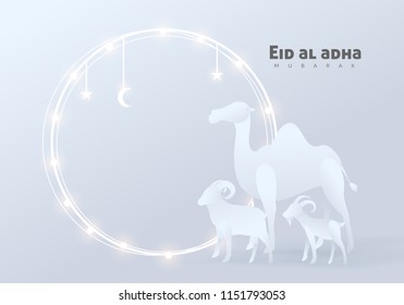 Eid Al Adha Mubarak the celebration of Muslim community festival background design with camel sheep and goat paper cut style.Glowing lights Vector Illustration