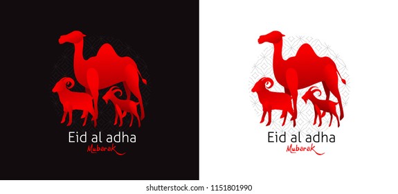 Eid Al Adha Mubarak the celebration of Muslim community festival background design with camel sheep and goat paper cut style.Glowing lights Vector Illustration
