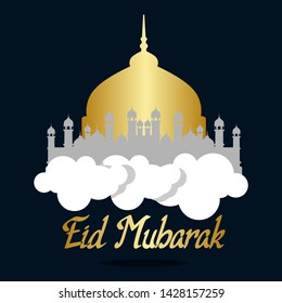 Eid Al Adha Mubarak celebration card with  mosque in paper art blue background. Use for banner, poster, flyer, brochure sale template