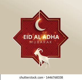 Eid Al Adha Mubarak the celebration of Muslim community festival background design with goat and moon paper cut style.Vector Illustration