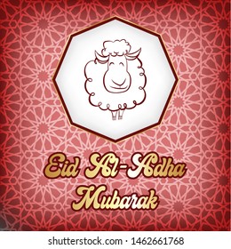 Eid Al Adha Mubarak celebration card with sheep in paper art red background. Happy sacrifice feast concept. Use for banner, poster, flyer, brochure sale template.