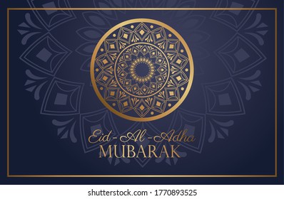 Eid Al Adha Mubarak celebration with golden mandala vector illustration design