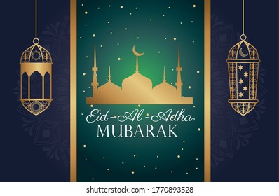 Eid Al Adha Mubarak celebration with taj mahal mosque and lanterns vector illustration design