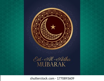 Eid Al Adha Mubarak celebration with golden moon and star vector illustration design