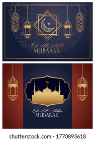 Eid Al Adha Mubarak celebration with taj mahal mosque and lanterns vector illustration design