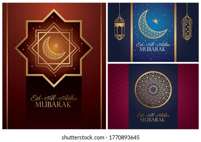 Eid Al Adha Mubarak celebration with golden set icons vector illustration design