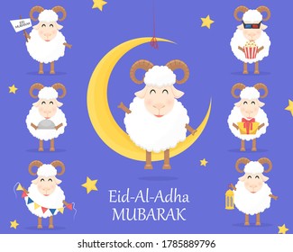 Eid Al Adha Mubarak celebration with sheep on blue background. Use for banner, poster, flyer, brochure sale template. Vector illustration