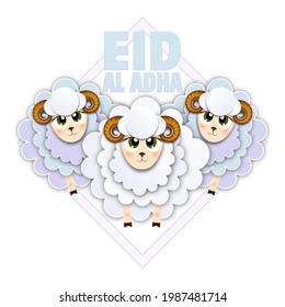 Eid Al Adha Mubarak celebration card with sheep in paper art