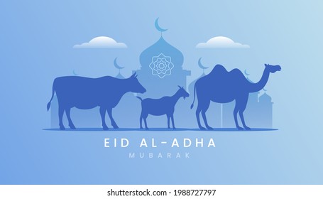 Eid al adha mubarak the celebration of muslim community festival background, banner, greeting design with gradient blue color theme. Silhouette lamb, goat and camel. 