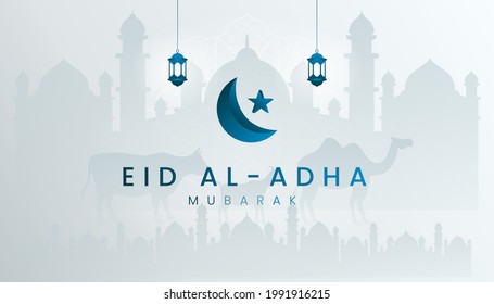 Eid al adha mubarak the celebration of muslim community festival background, banner, greeting design with gradient blue and white color theme. Silhouette mosque, lamb, goat and camel.