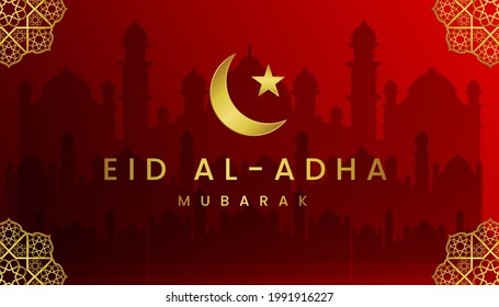 Eid al adha mubarak the celebration of muslim community festival background, banner, greeting design with gradient red and gold color theme. 