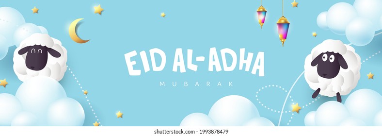 Eid Al Adha Mubarak the celebration of Muslim community festival calligraphy with White sheep and cloud on the blue sky