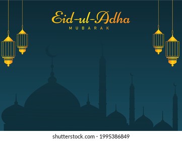 Eid Al Adha. Eid Mubarak Celebration background.calligraphic inscription translated into English as Feast of the Sacrifice.Traditional background with mosque and lanterns. Handwritten greeting card.