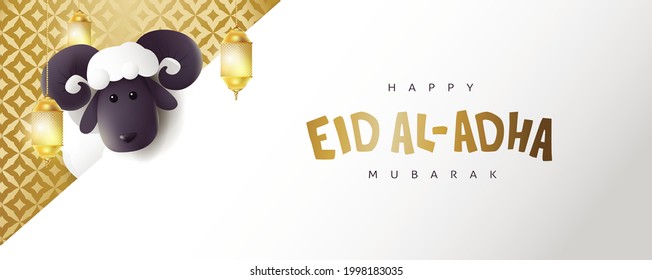 Eid Al Adha Mubarak the celebration of Muslim community festival calligraphy with White sheep