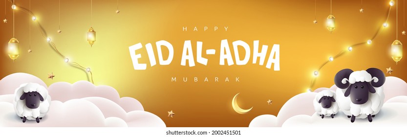 Eid Al Adha Mubarak the celebration of Muslim community festival calligraphy with White sheep and cloud