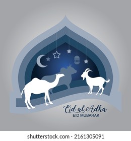 Eid Al Adha Mubarak the celebration of Muslim community festival background design with camel, goat, cow and star paper cut style