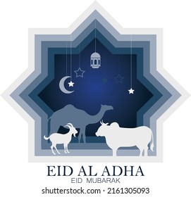 Eid Al Adha Mubarak the celebration of Muslim community festival background design with camel, goat, cow and star paper cut style