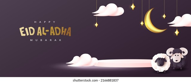 Eid Al Adha Mubarak the celebration of Muslim community festival islamic banner background with sheep and product display
