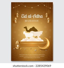 Eid al Adha Mubarak celebration with camel cow and goat illustration flyer design