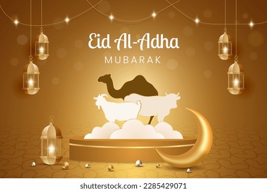 Eid al Adha Mubarak celebration with camel cow and goat illustration banner design