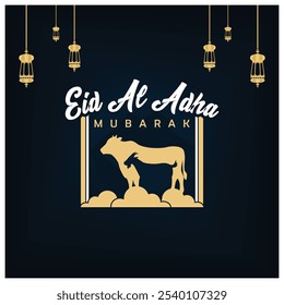 Eid Al Adha Mubarak celebration banner with sacrificial cow and sheep. Muslim celebration day. Eid Al Adha concept. Flat vector illustration.