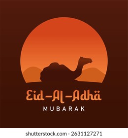 Eid al adha mubarak the celebration of muslim community festival background, banner, greeting design with gradient orange color theme. Silhouette camel