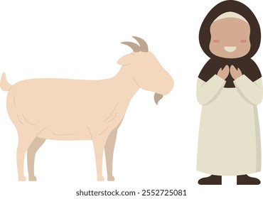 Eid Al Adha Mubarak Character with Sacrifice Goat. Vector Illustration