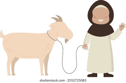 Eid Al Adha Mubarak Character with Sacrifice Goat. Vector Illustration