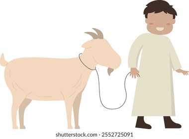 Eid Al Adha Mubarak Character with Sacrifice Goat. Vector Illustration