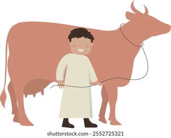 Eid Al Adha Mubarak Character with Sacrifice Cow. Vector Illustration