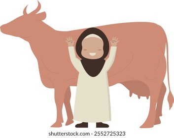Eid Al Adha Mubarak Character with Sacrifice Cow. Vector Illustration