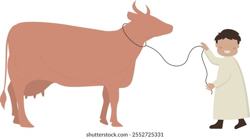 Eid Al Adha Mubarak Character with Sacrifice Cow. Vector Illustration