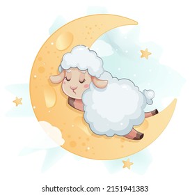 Eid al Adha Mubarak. Un animado personaje de caricatura de caricatura durmiendo en la luna. Fiesta musulmana tradicional. Ilustración vectorial de acciones