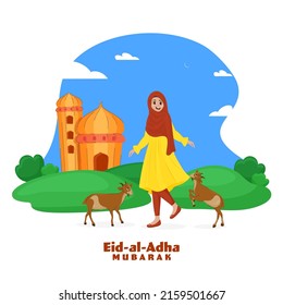 Concepto De Eid Al Adha Mubarak, Joven Islámica Jugando Con Cabras, Ilustración De Mezquita En Fondo Resumen.