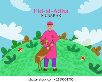 Eid Al Adha Mubarak Konzept, islamischer junger Junge spielen mit Ziege auf blauem und grünem Hintergrund.